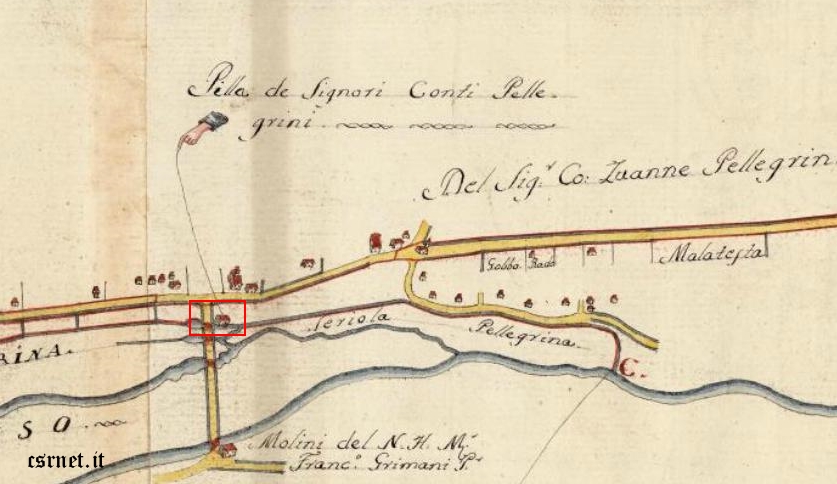 Collezione Privata, estratto di mappa del 1690 con evidenziato nel rettangolo rosso il luogo dove sorgeva la pila.